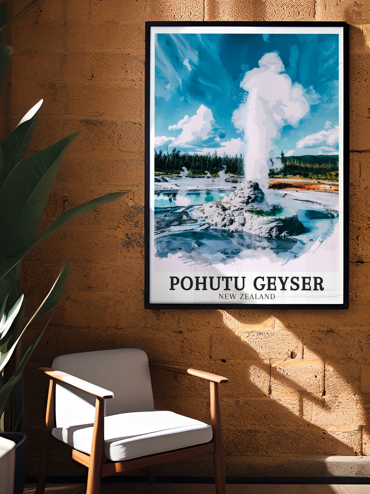 This travel print of Pohutu Geyser and Wairakei Geothermal Area captures the essence of Rotoruas geothermal activity, ideal for those who love New Zealands natural beauty. Perfect for home decor or as a gift for nature lovers.