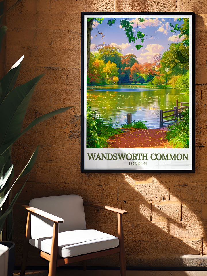 Bring the tranquility of Wandsworth Common into your home with this elegant framed print. This London travel poster features Wandsworth Pond and the lush landscapes of Wandsworth Park, perfect for adding a serene touch to any space.