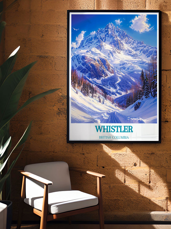 Celebrate the charm of Whistler Blackcomb with this vintage poster. Featuring the resorts iconic landscapes and rich history, this artwork evokes the timeless appeal of British Columbias premier ski resort.
