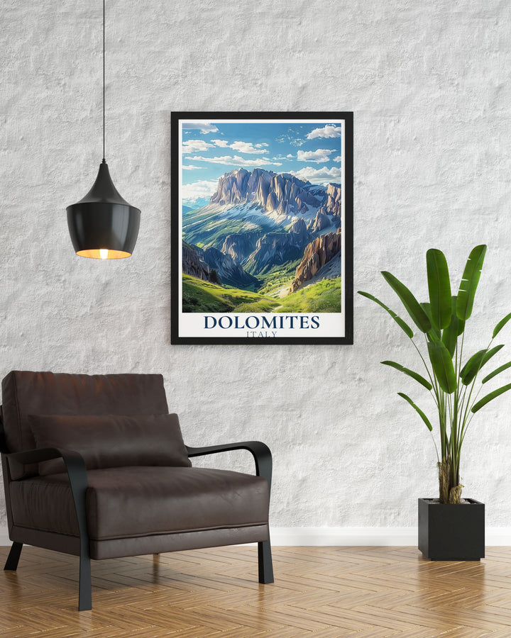 Exquisite Sella Group Art Print showcasing the stunning landscapes of the Dolomites Italy. Ideal for Italy home decor and travel enthusiasts. Add a touch of nature to your space with this captivating Italy wall art.
