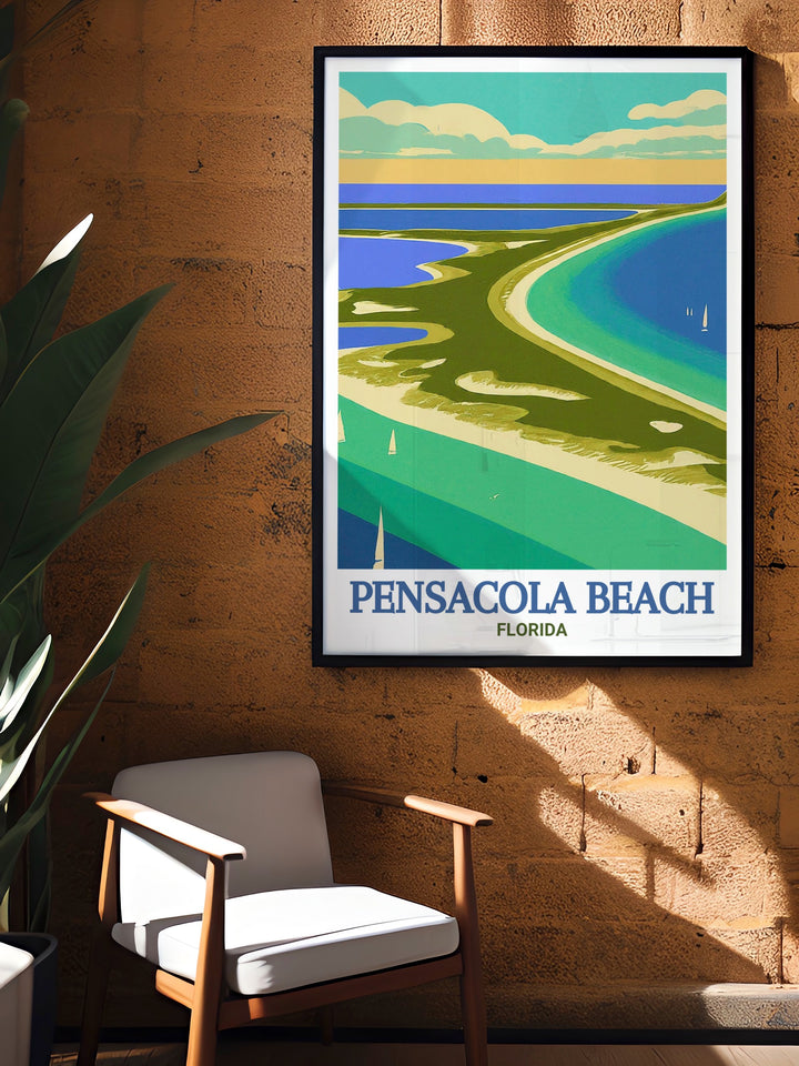 Pensacola Beach art print capturing the stunning views of Gulf Islands National Seashore in Florida. Perfect for nature lovers and art enthusiasts. This vibrant and detailed artwork brings the beauty of Pensacola Beach into your home.