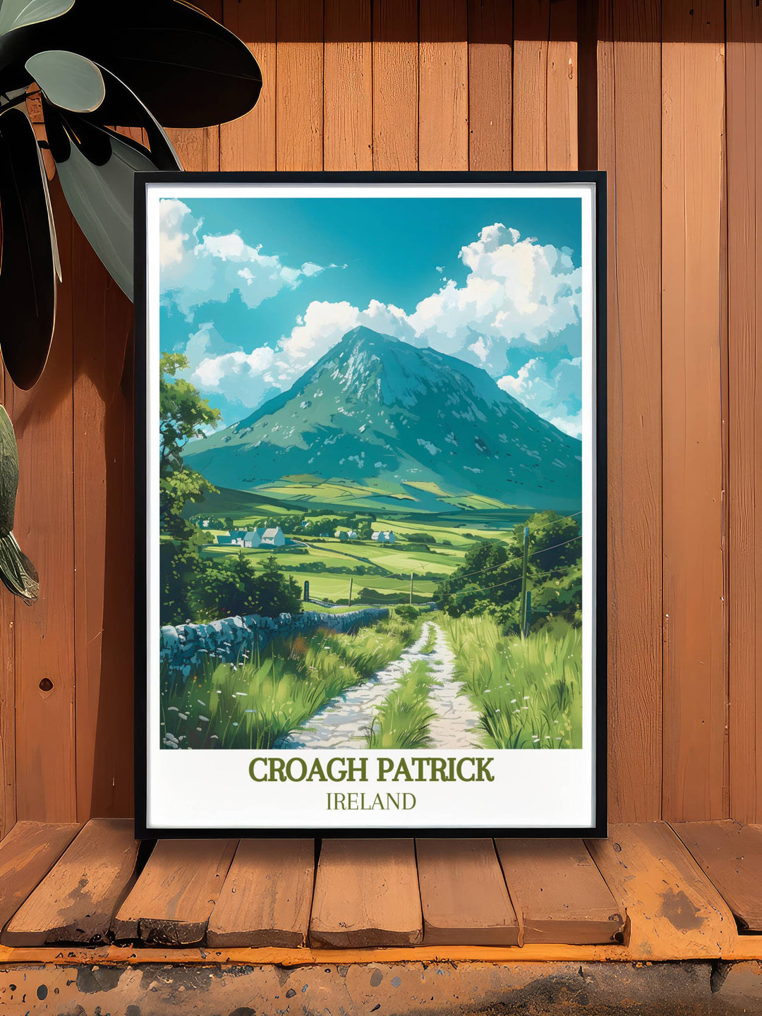 Experience the spiritual journey of the Croagh Patrick Trail with this travel poster depicting the majestic mountain and the historic Tochar Phadraig pilgrimage route. Ideal for those who appreciate Ireland Catholic themes and Irish wall art.