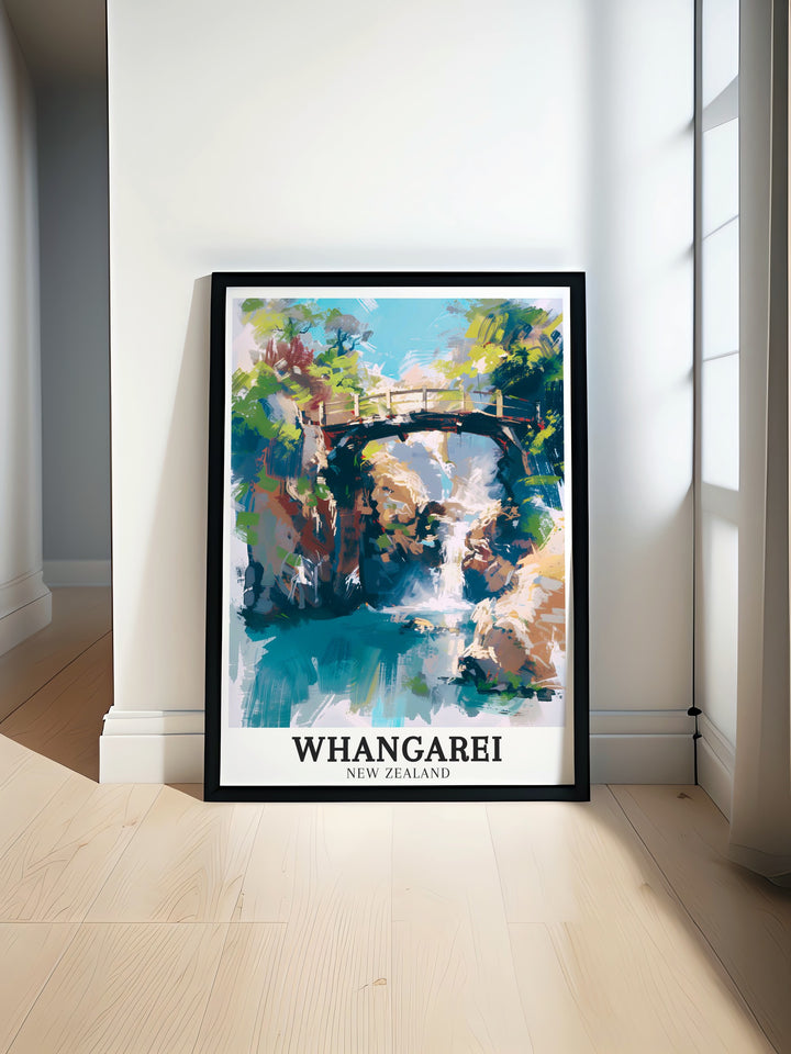 Whangarei Poster showcasing the vibrant and detailed landscapes of Whangarei, New Zealand. This wall art features the iconic Whangarei Falls and the peaceful Hatea River, making it an ideal piece for adding a touch of New Zealands natural beauty to your home decor.