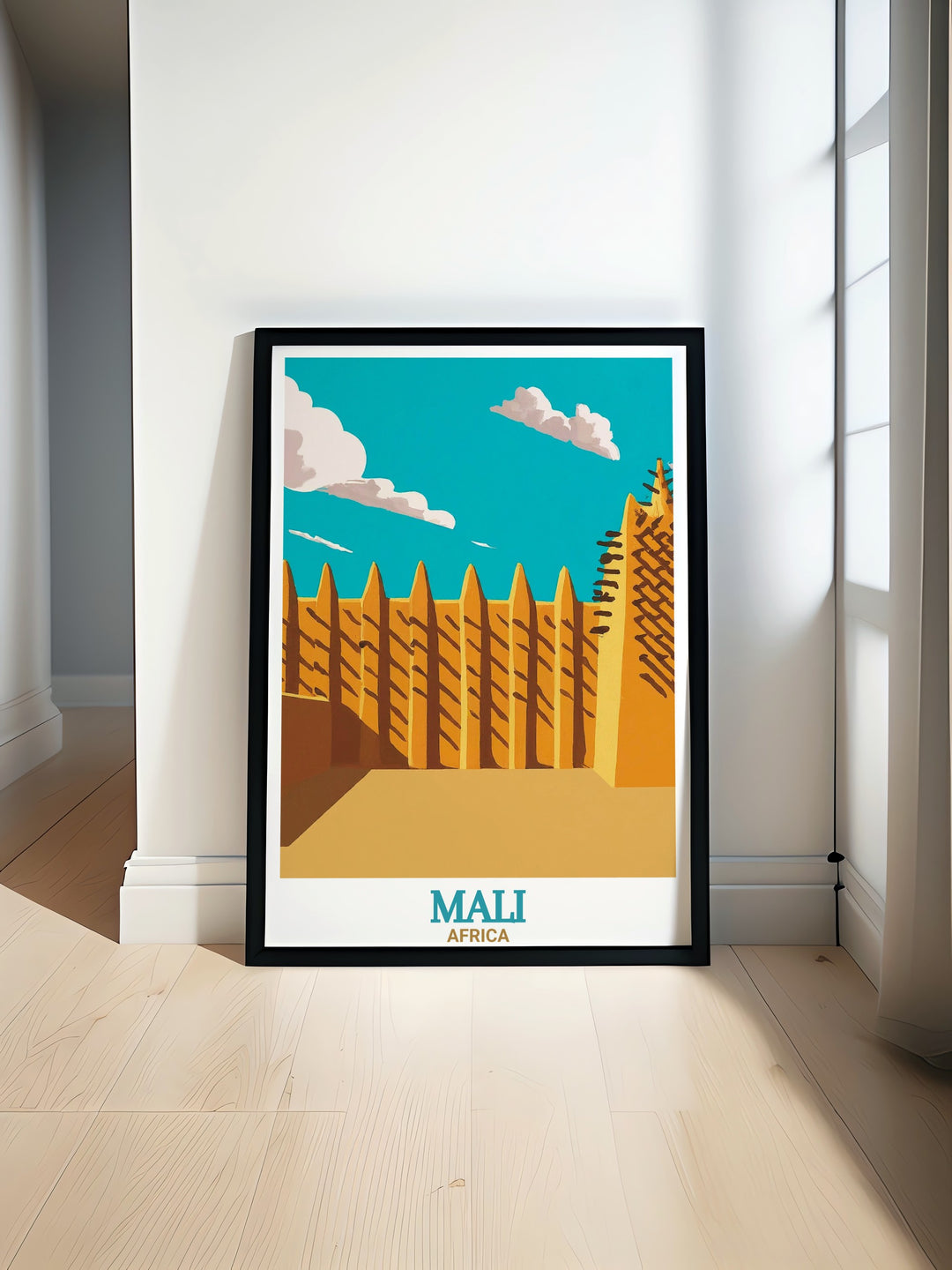 Djenné Mosque in Mali, beautifully depicted in this travel print. The poster showcases the remarkable structure and historical significance of Africas largest mud brick mosque, making it a wonderful gift for travelers.