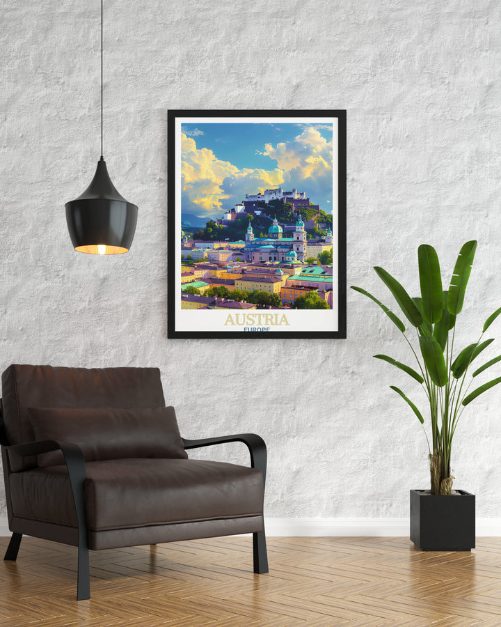 Salzburgs Historic Center artwork in vibrant Austria travel print. This Austria wall art is a perfect addition to any home decor bringing the beauty of Austria into your living room or office. Ideal for modern aesthetics and elegant gifts for any occasion.