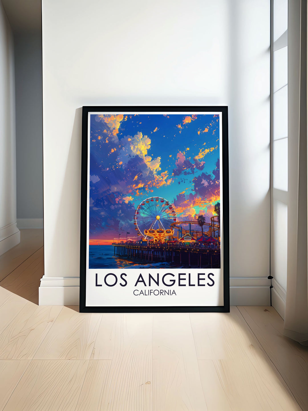 Santa Monica Pier vintage print capturing the lively spirit of this iconic Los Angeles landmark perfect for adding a touch of nostalgia to your home decor a unique addition to your collection of Los Angeles art and California prints ideal for art lovers and enthusiasts