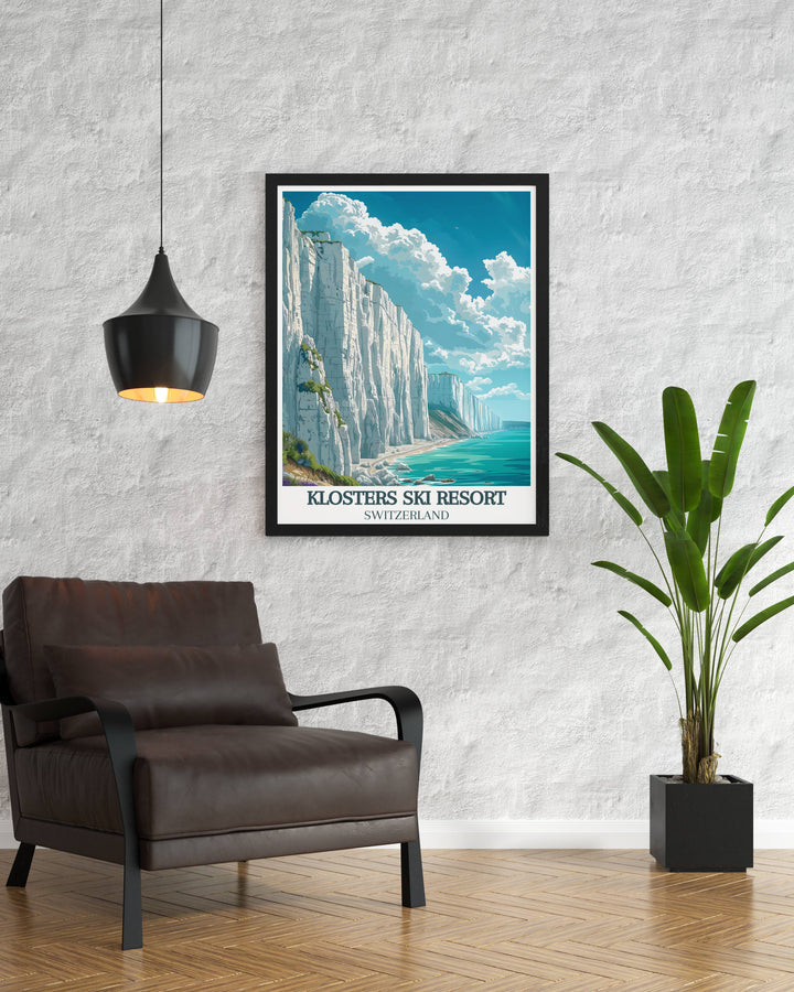 Delight in the tranquil beauty of the White Cliffs of Dover with our vintage travel print. This White Cliffs of Dover poster is ideal for home decor capturing the scenic landscapes and peaceful atmosphere of one of Englands most famous landmarks