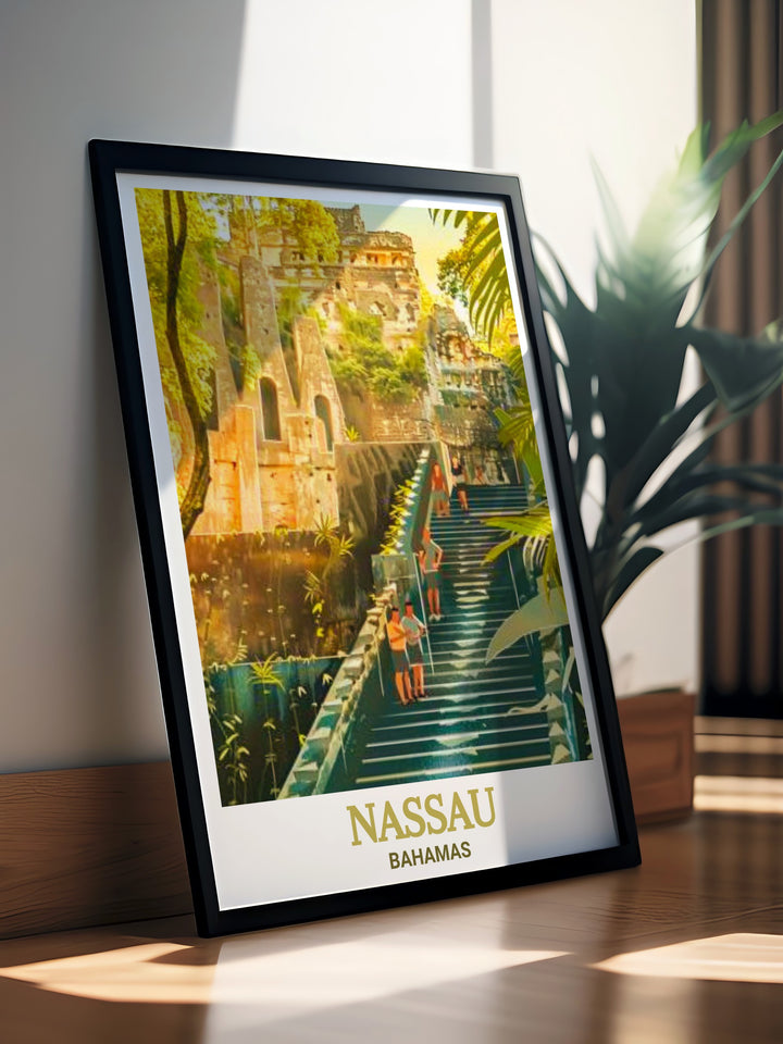 Nassau Poster Print showcasing the iconic Queens Staircase, a historic monument in the Bahamas. This travel print captures the staircases intricate stonework, surrounded by tropical foliage, symbolizing resilience and Caribbean history. Perfect for those who admire Nassaus heritage and scenic beauty.