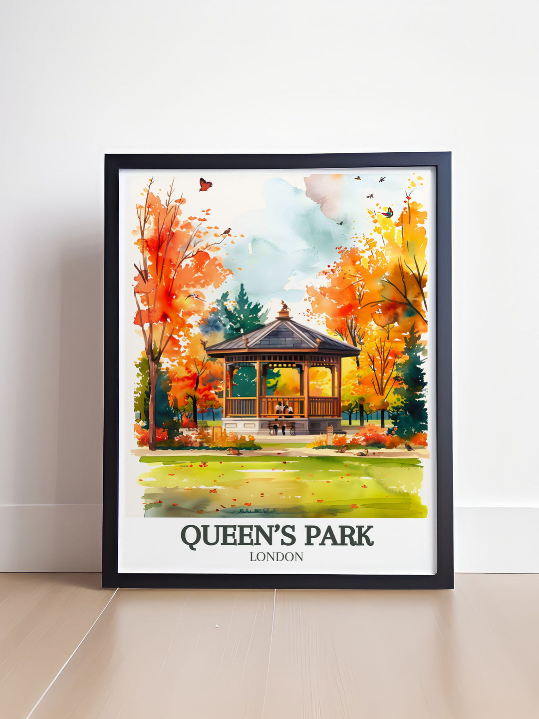 Vintage London print featuring Queens Park Bandstand and the tranquil scenery of Queens Park London perfect for those who love London travel posters