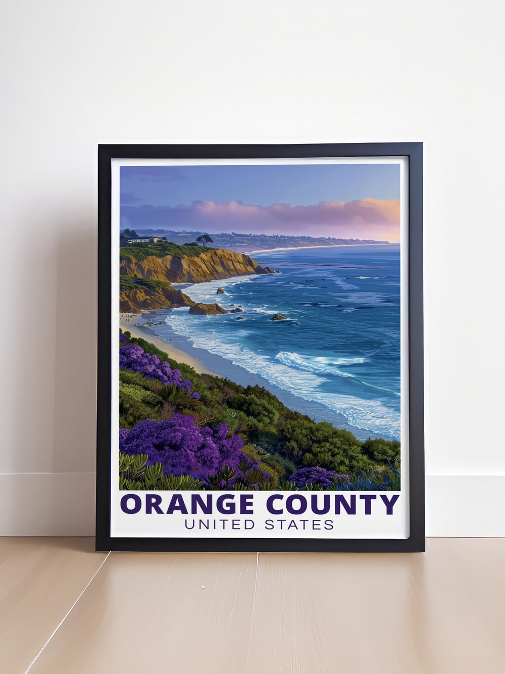 Orange County poster print showcasing the natural beauty of Southern California, featuring the pristine beaches of Crystal Cove State Park. This travel print brings the laid back, coastal vibes of Orange County into your home. Ideal for personalized gifts, the print is available in both framed and digital download options.