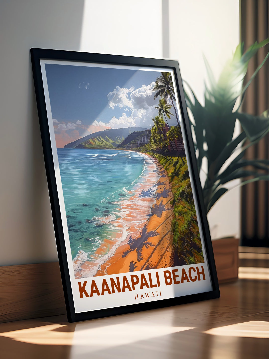 Kaanapali Beach canvas art depicting the scenic coastline of Hawaiis Maui Island. The travel poster showcases the vibrant colors and tranquil vibes of this beloved Hawaiian destination, making it a wonderful piece for anyone looking to bring a bit of paradise into their home.