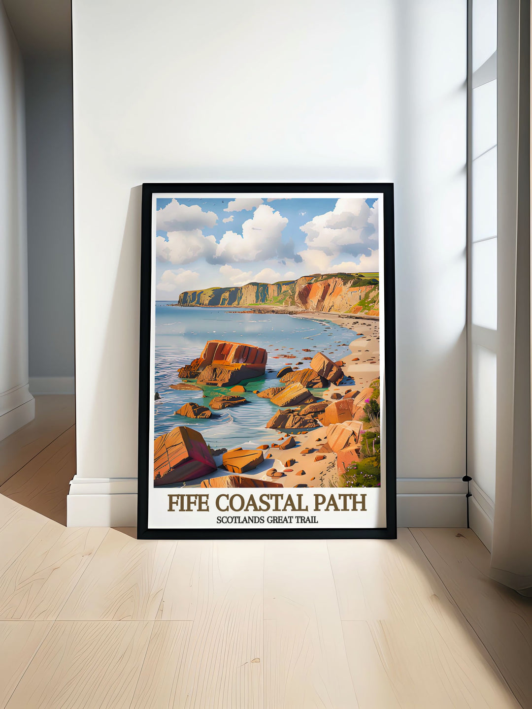 This art print showcases the iconic Fife Coastal Path and its dramatic cliffs, perfect for enhancing any home or office decor.