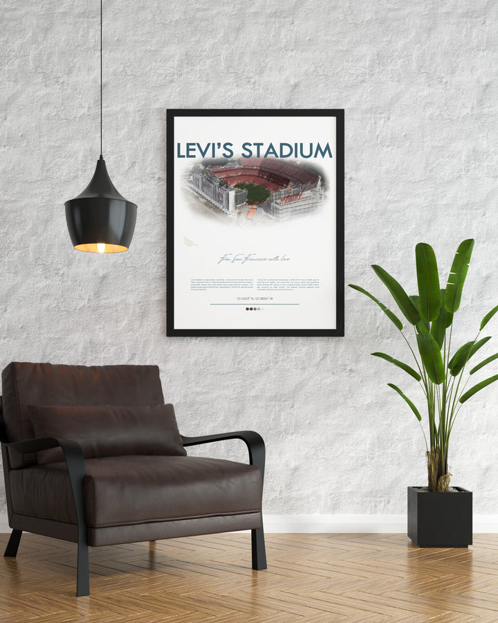 Retro NFL Poster featuring action shots of Deebo Samuel Nick Bosa and George Kittle at Levis Stadium a must have for San Francisco 49ers enthusiasts looking to celebrate their favorite team with unique and vibrant wall art