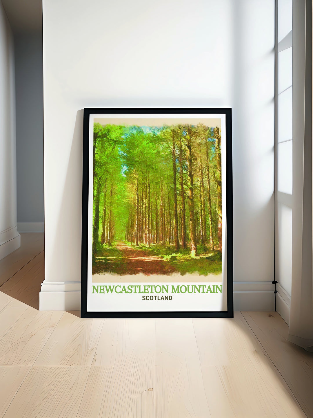 Scotland cycling wall art featuring Newcastleton Mountain Biking and Kielder Forest. This detailed illustration captures the essence of the regions trails and landscapes, making it an inspiring piece for home or office. A great gift for cycling enthusiasts.