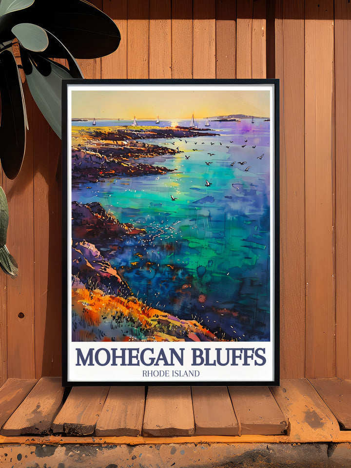 This Mohegan Bluffs travel poster captures the scenic beauty of Block Islands famous cliffs and beach. The vintage design and soft watercolor palette make this Rhode Island print a perfect piece of wall art for any home, providing a serene reminder of the coasts natural beauty.