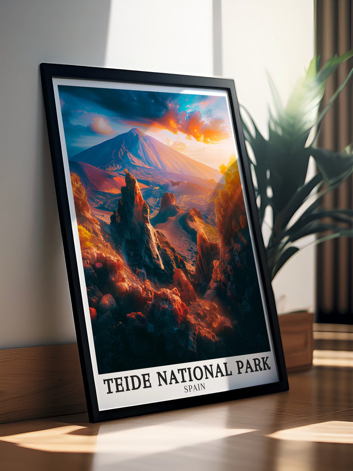 A vibrant art print of Teide National Park, showcasing the towering Teide Volcano and the striking formations of Roques de Garcia. This canvas art is an ideal piece for those who appreciate Spains geological beauty, making it a stunning addition to any living space.