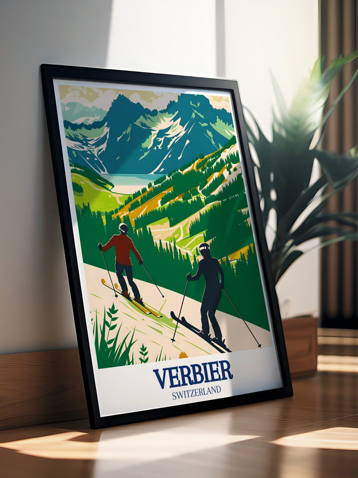 Verbier vintage poster capturing the historic charm and modern appeal of Switzerlands premier ski resort. Featuring stunning alpine views and crisp, clean design, this poster is an ideal gift for travel enthusiasts or anyone seeking to add a touch of European elegance to their décor.