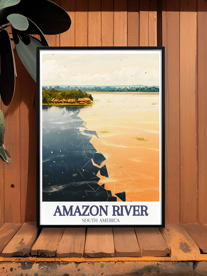 Transform your space with the captivating Encontro das Aguas, Rio Negro and Solimoes rivers vintage print. This beautiful artwork captures the essence of the iconic river confluence, adding a touch of adventure and elegance to your home decor.