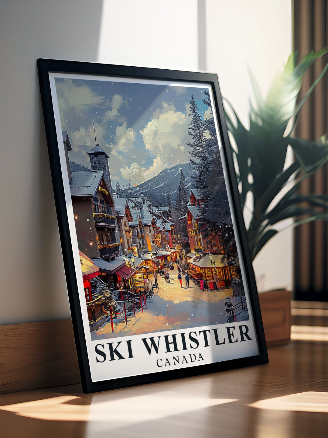 Capture the magic of Whistler Ski Resort with this detailed poster print showcasing the village at the base of Whistlers famous slopes. Whether as a gift or a personal keepsake, this vibrant artwork highlights the serene yet exciting energy of one of Canadas top destinations.