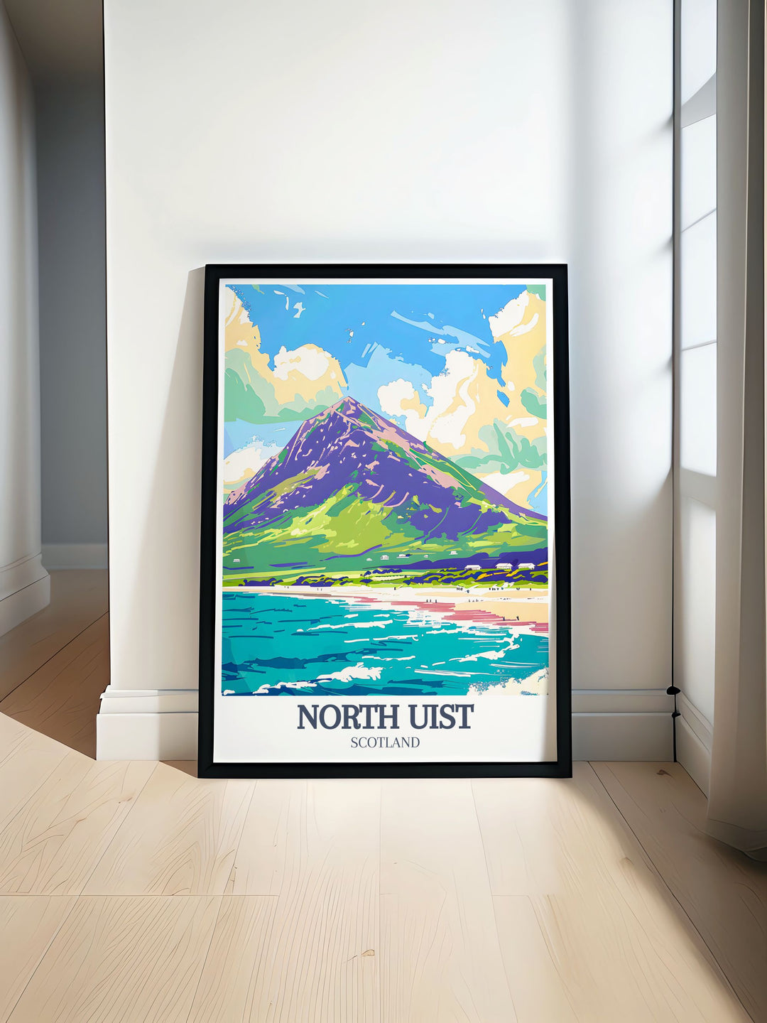 This North Uist travel poster highlights the breathtaking landscapes of Eaval Mountain and Sollas Beach in the Outer Hebrides. Perfect as a canvas art piece or wall poster, this artwork brings the magic of Scotland into your home and makes a great gift for adventure lovers.