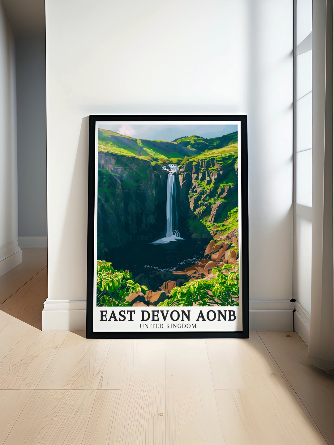 Spekes Mill Mouth Waterfall art print depicting the serene beauty of the cascading waterfall amidst the lush greenery of Devon Countryside creating a perfect addition to your home decor with elegant and stunning details ideal for any room