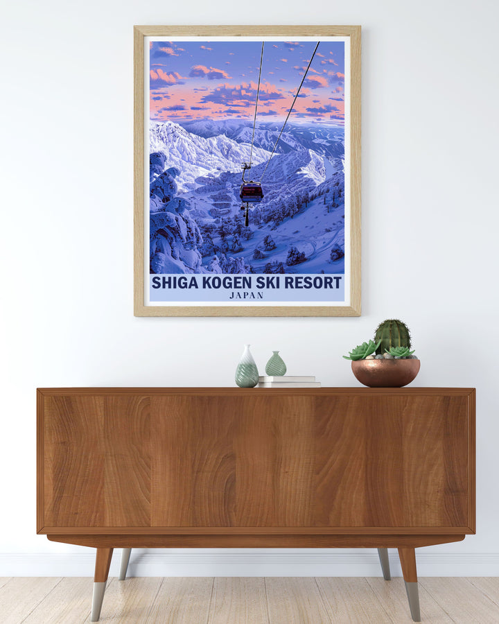 This vintage inspired poster of Shiga Kogen Ski Resort captures the thrill and beauty of skiing in the Japanese Alps, offering a glimpse into one of Japans premier winter destinations.