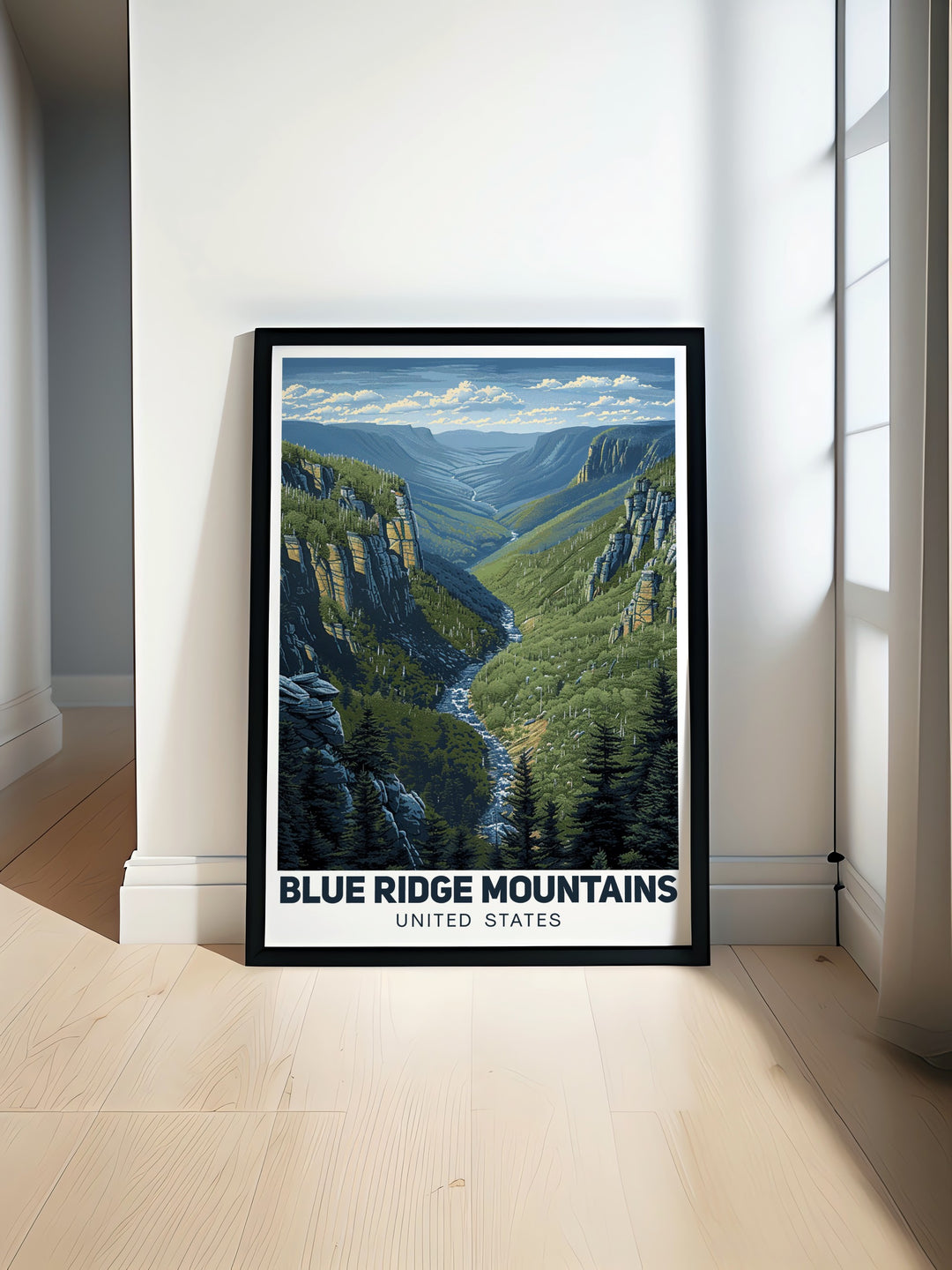 Beautiful Linville Gorge art print showcasing the North Carolina mountains with vibrant colors perfect for mountain home decor and nature wall art adding a touch of serenity to any living room or office space