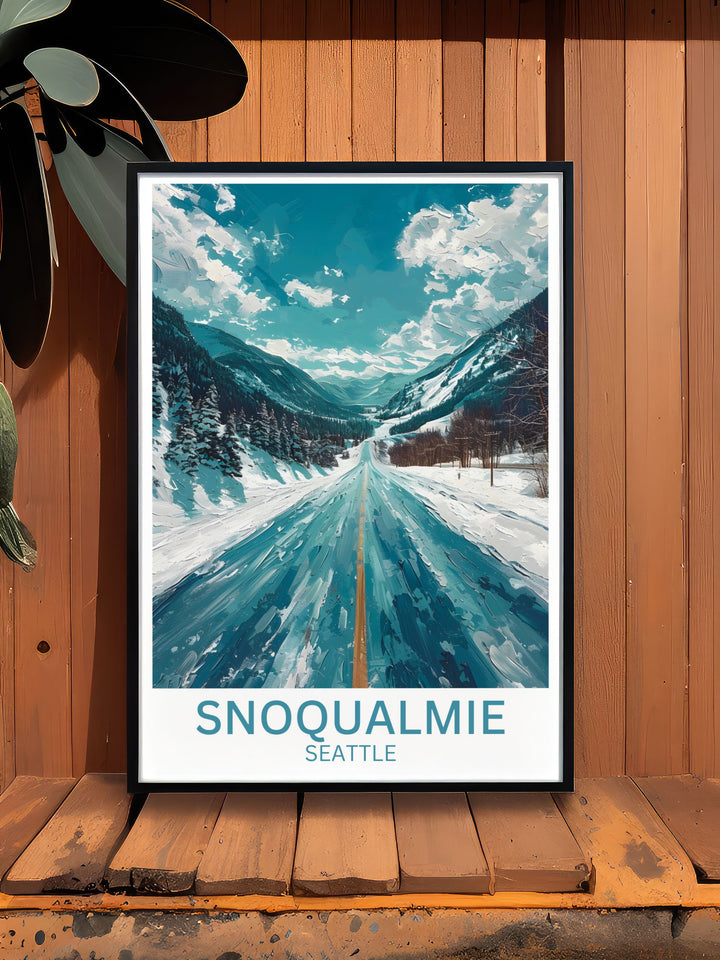 Showcase the alpine splendor of The Summit at Snoqualmie with this travel poster, perfect for adding a touch of Washingtons winter magic to your home decor.