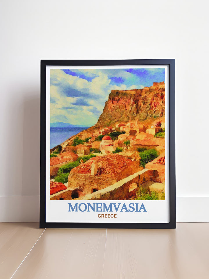 Lower Town Travel Print highlighting the medieval architecture of Monemvasia, with its charming stone houses and cobblestone pathways. This detailed print brings the essence of Greeces historic sites into your home, ideal for those who love exploring ancient landmarks.