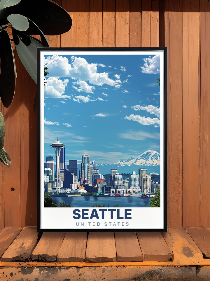 Seattle Print featuring Skyline from Kerry Park in a sleek and modern design. Perfect for home decor, this artwork captures the essence of Seattles skyline with a contemporary twist. Enhances living rooms and office spaces with its vibrant and stylish representation of the city.