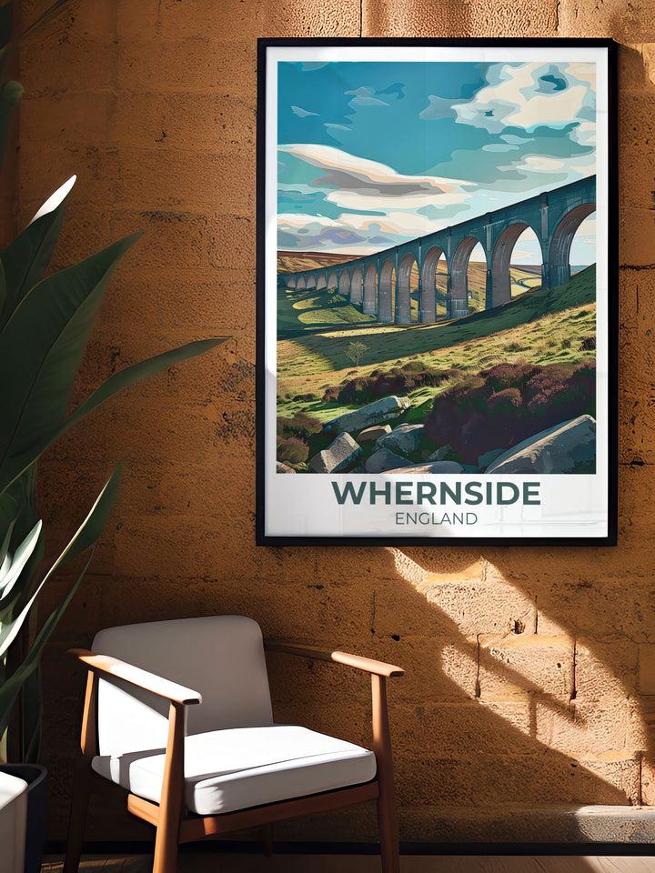 Explore the scenic beauty of Whernside with this Yorkshire travel poster, capturing the peaks picturesque landscapes and inviting trails. Ideal for travel enthusiasts and nature lovers looking to add a touch of adventure to their decor.