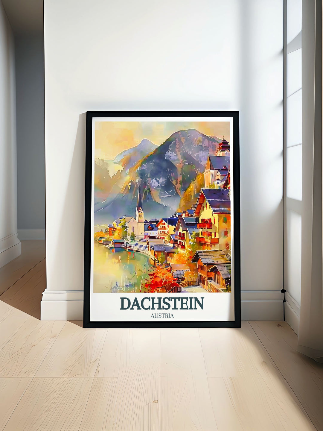 Beautiful Hallstatt Lake, Village of Hallstatt travel poster featuring the serene lake and charming village perfect for home decor and nature enthusiasts who appreciate Austrias picturesque landscapes.