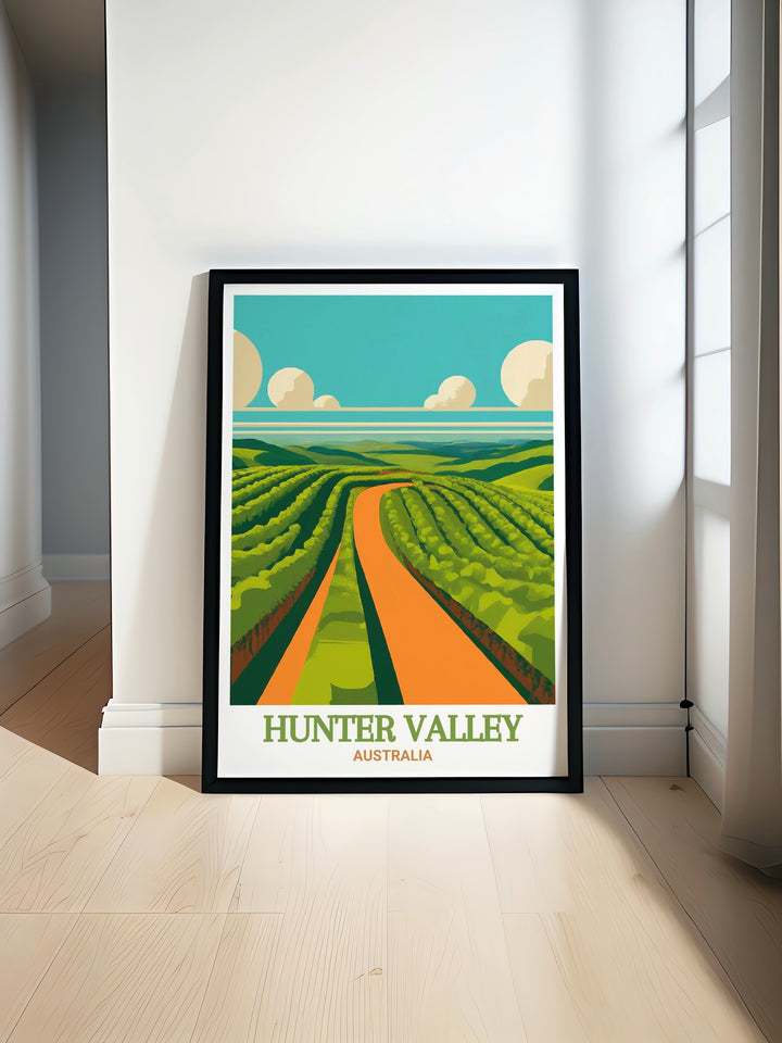 Hunter Valley travel print showcasing the beautiful vineyards of Brokenwood Wines in Australia perfect for adding a touch of elegance to any room and a great gift for wine lovers and art enthusiasts looking for unique Australia wall decor and souvenirs.