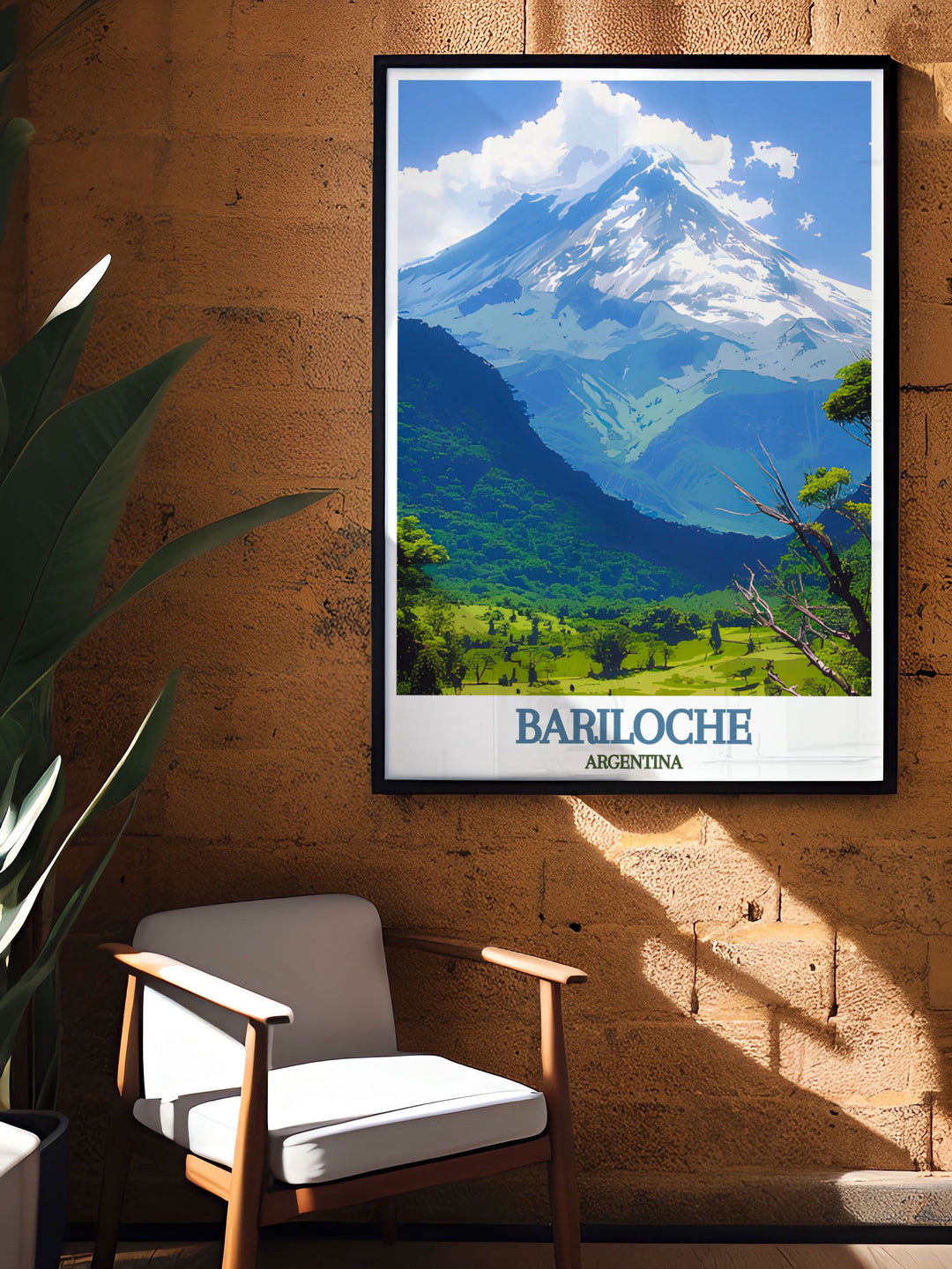 Elegant Argentina wall art featuring Bariloches Tronador Volcano and lively San Carlos de Bariloche, highlighting the regions natural and cultural beauty. Perfect for adding a sophisticated and adventurous touch to any room.