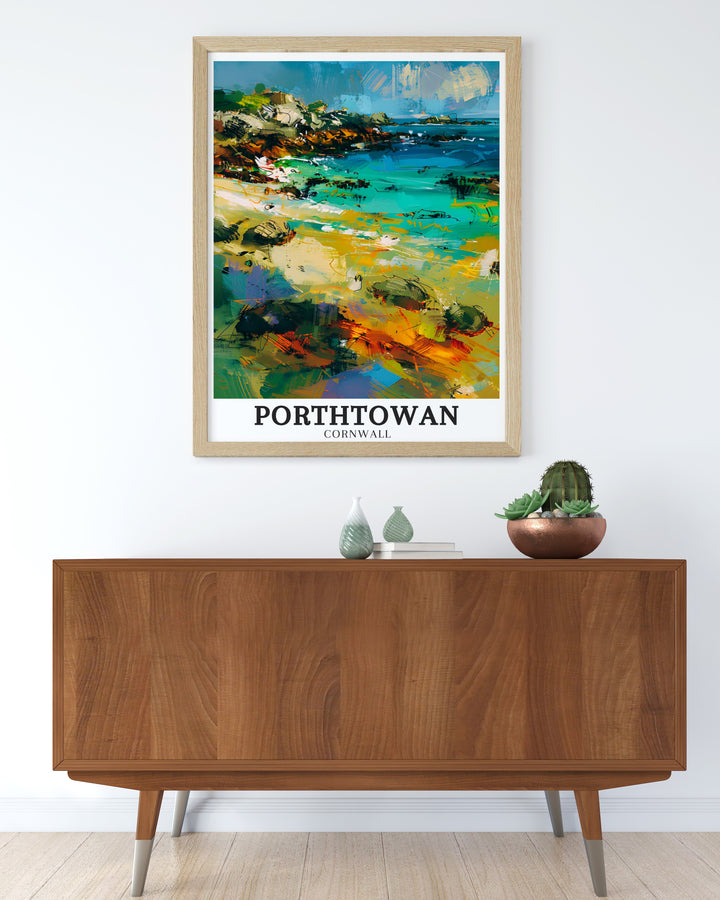 Beautiful Cornwall travel art depicting the expansive Porthtowan Beach and the tranquil atmosphere of Portreath Village. The print brings the rugged charm and natural beauty of Cornwalls coastline into your living space, making it a timeless addition to any home decor