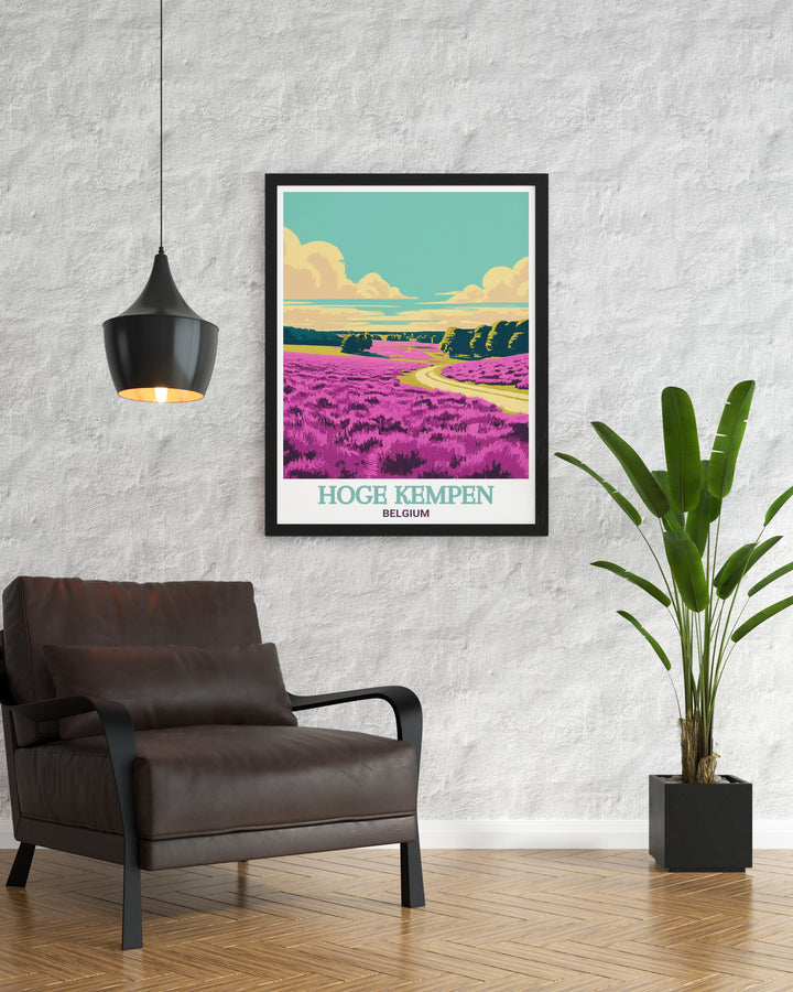 The expansive landscapes of Hoge Kempen National Park are captured in this art print, highlighting its forests and wetlands alongside the blooming heather fields of Mechelse Heide.