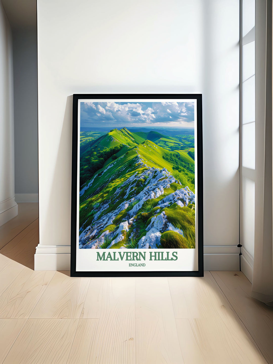 Malvern Hills poster featuring the iconic Great Malvern Priory perfect for adding a touch of British countryside charm to your living room with this Worcestershire art piece ideal for those who appreciate vintage travel prints and serene landscapes of the Severn Valley and Gloucestershire UK