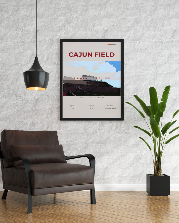 Vibrant Cajun Field travel poster featuring Ragin Cajuns football team. This retro college poster is a must have for sports enthusiasts and alumni. Stunning prints with a bold design perfect for dorm room decoration or living room wall art.