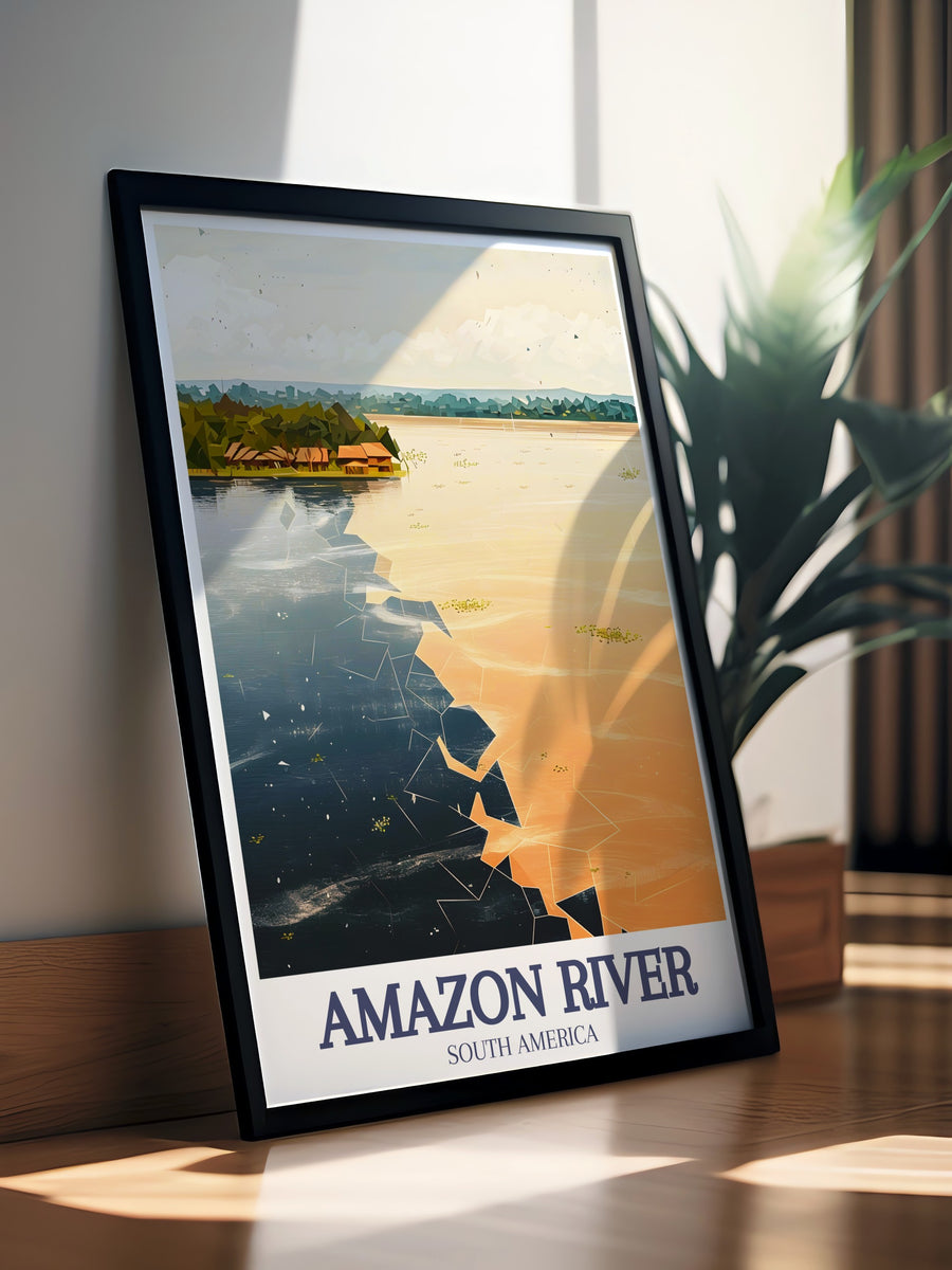 Enhance your home decor with the Encontro das Aguas, Rio Negro and Solimoes rivers wall art. This stunning print combines vintage charm and modern design elements, creating a timeless piece that celebrates the unique confluence of these iconic rivers.