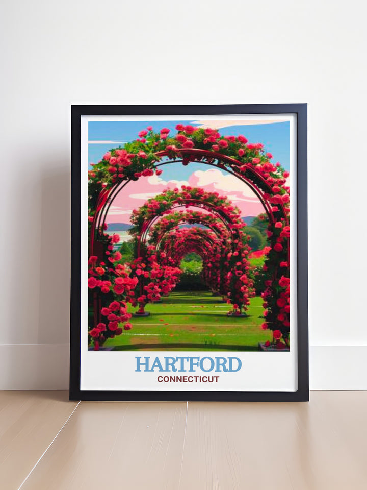 Hartford poster paired with Elizabeth Park modern decor perfect for those seeking colorful art for their walls. The fine line design and city print make this an ideal gift for friends or loved ones looking to enhance their living room decor.