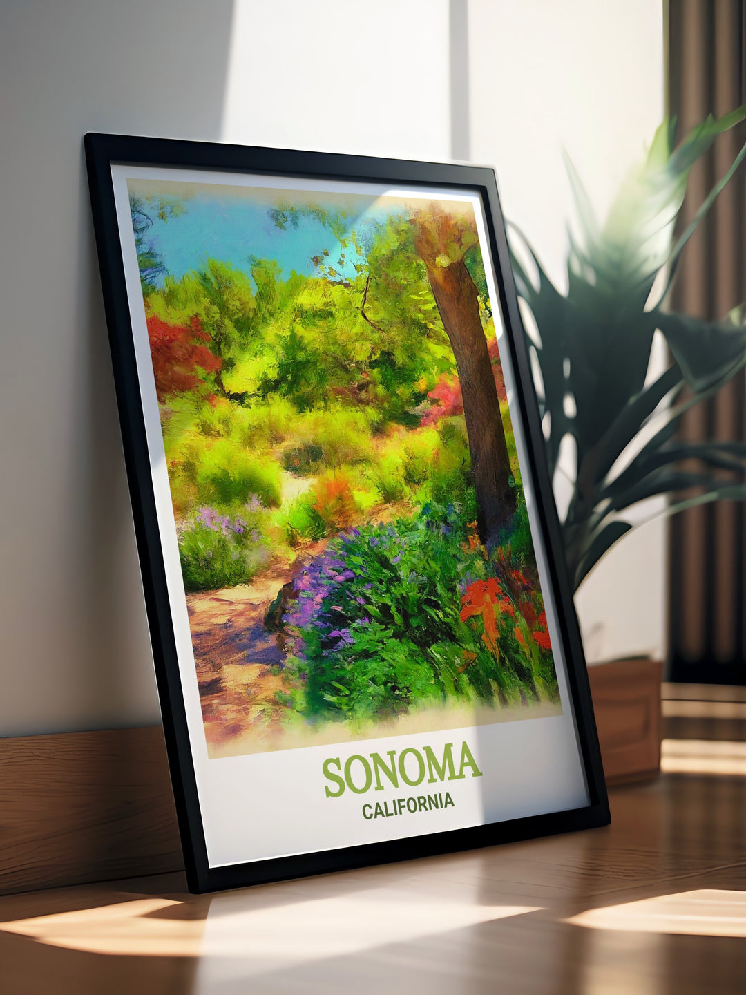 Modern Sonoma travel print with a black and white city map design and Quarryhill Botanical Garden artwork. This matted art is a stylish addition to living rooms offices or bedrooms and makes a perfect gift for wine lovers or travel enthusiasts.