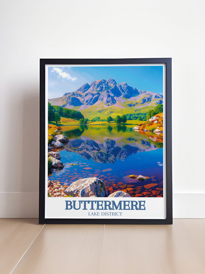 This art print captures the serene beauty of Buttermere Lake in the Lake District, featuring its tranquil waters and stunning surroundings, perfect for adding a touch of natures charm to your home decor.