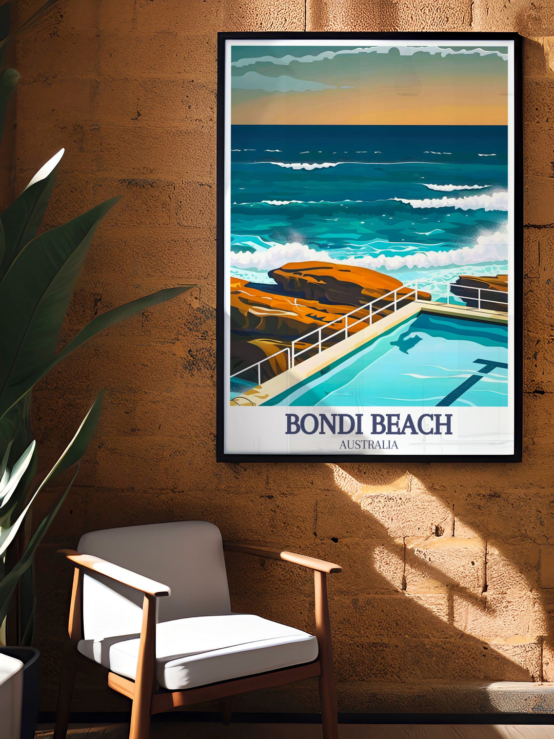 Framed print of Sydney Harbour highlighting the architectural marvels of the Sydney Opera House and Harbour Bridge. Bondi Icebergs pool Bondi digital print bringing the beach charm to your home decor. A must have for fans of vintage travel prints and Australia art.