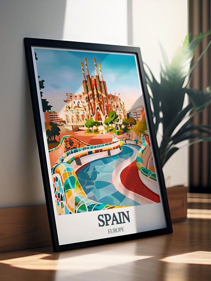 Elegant Spain print with vivid details of Sagrada Familia Park Guell and A Coruna a perfect addition to your living room decor or as a birthday gift