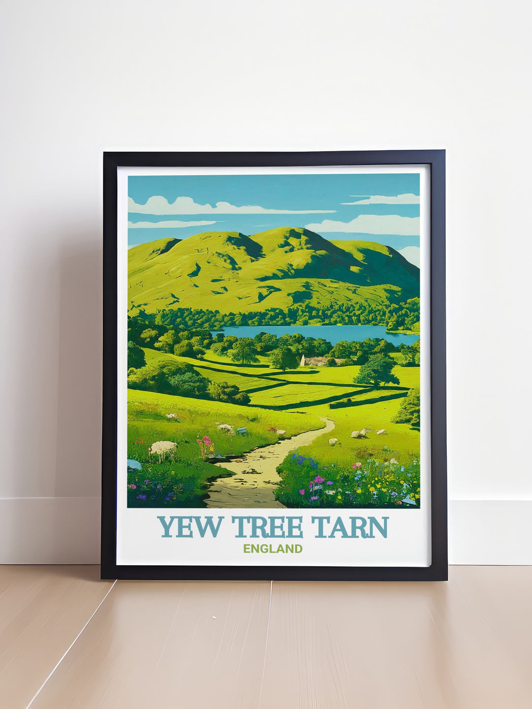 Yew Tree Tarn framed print highlighting the picturesque landscape of the Lake District with Loughrigg Fell in the distance. This detailed illustration makes a great gift for those who appreciate the beauty of nature and the outdoors.