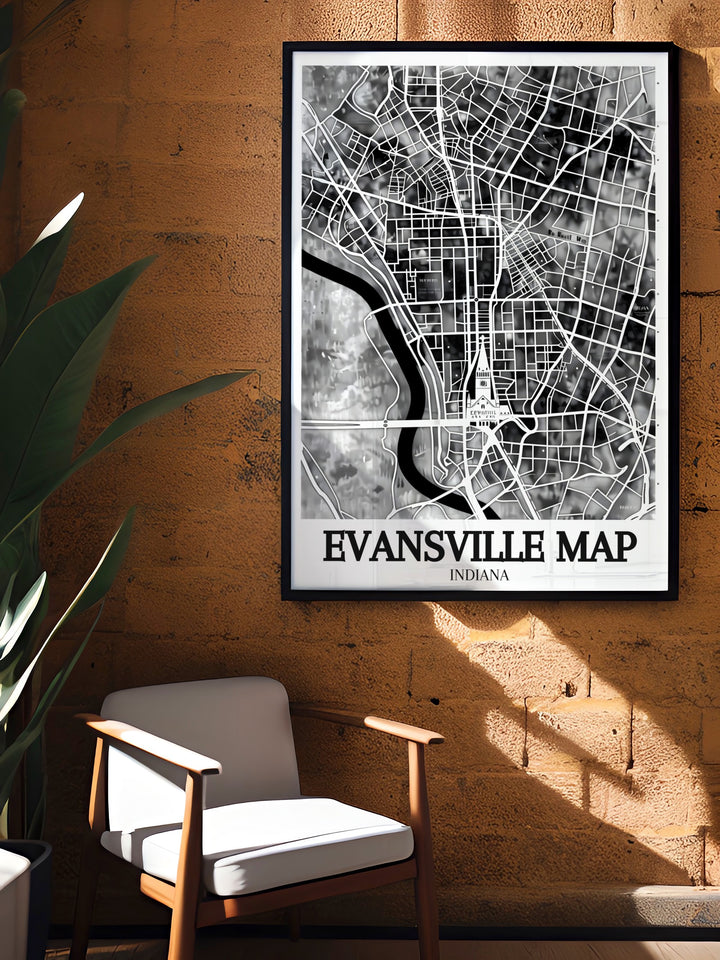 This Evansville art print captures the citys charm and connection to the Ohio River, offering a modern take on its geography. Ideal for fans of urban design, this travel print highlights the streets and landmarks of Evansville in a stylish and meaningful way.