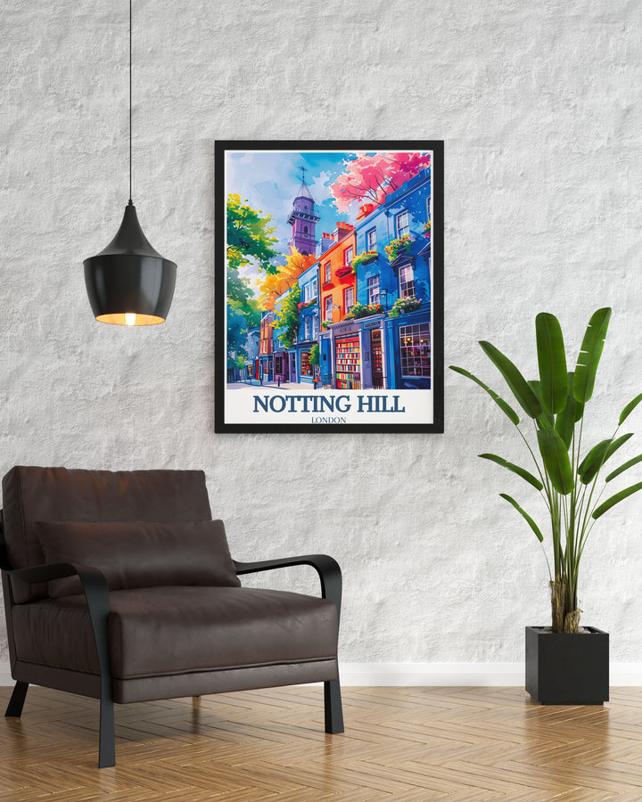 Framed Notting Hill print featuring the iconic St. Peters Church and the popular Notting Hill Bookshop bringing the energy of Westbourne Grove and Portobello Market into your home for an elegant addition to your living room or office decor