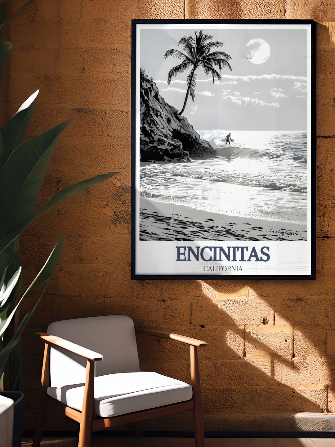 Personalized gift idea with a travel poster print of Moonlight Beach, Swamis Surf Spot perfect for surf enthusiasts and beach lovers Encinitas skyline and beach scenes beautifully depicted in a vintage style