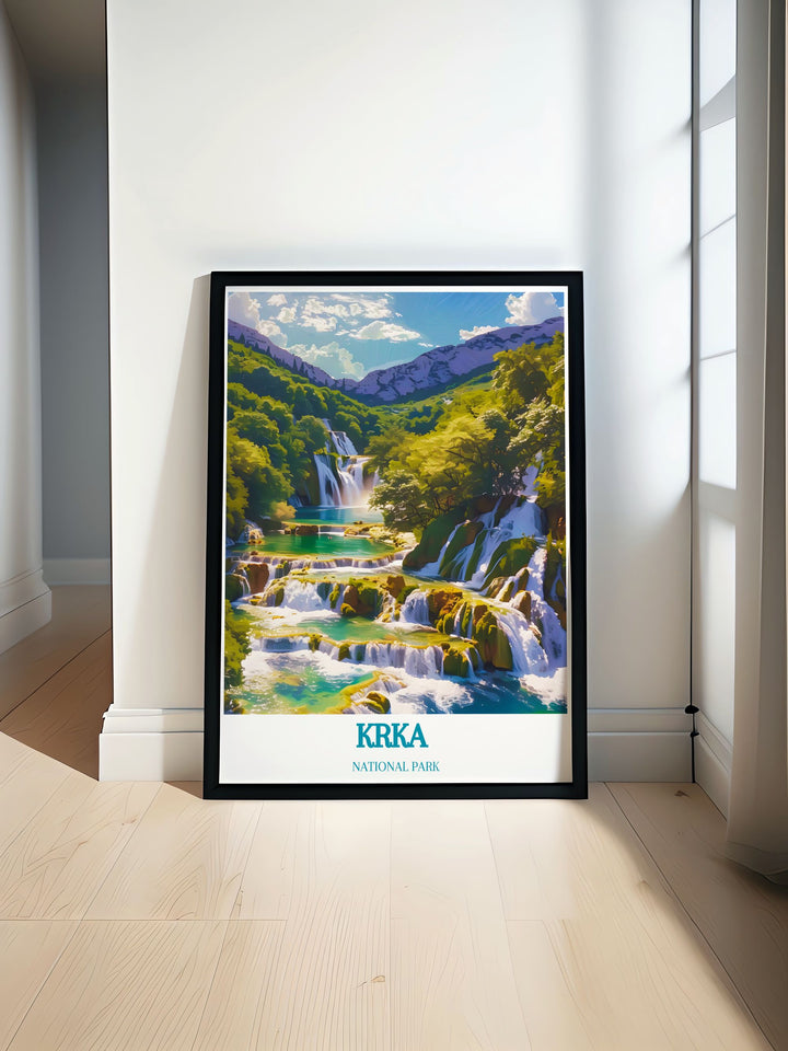 Skradinski Buk Waterfalls modern print showcasing the beauty of Krka National Park with vibrant blue waters and lush greenery