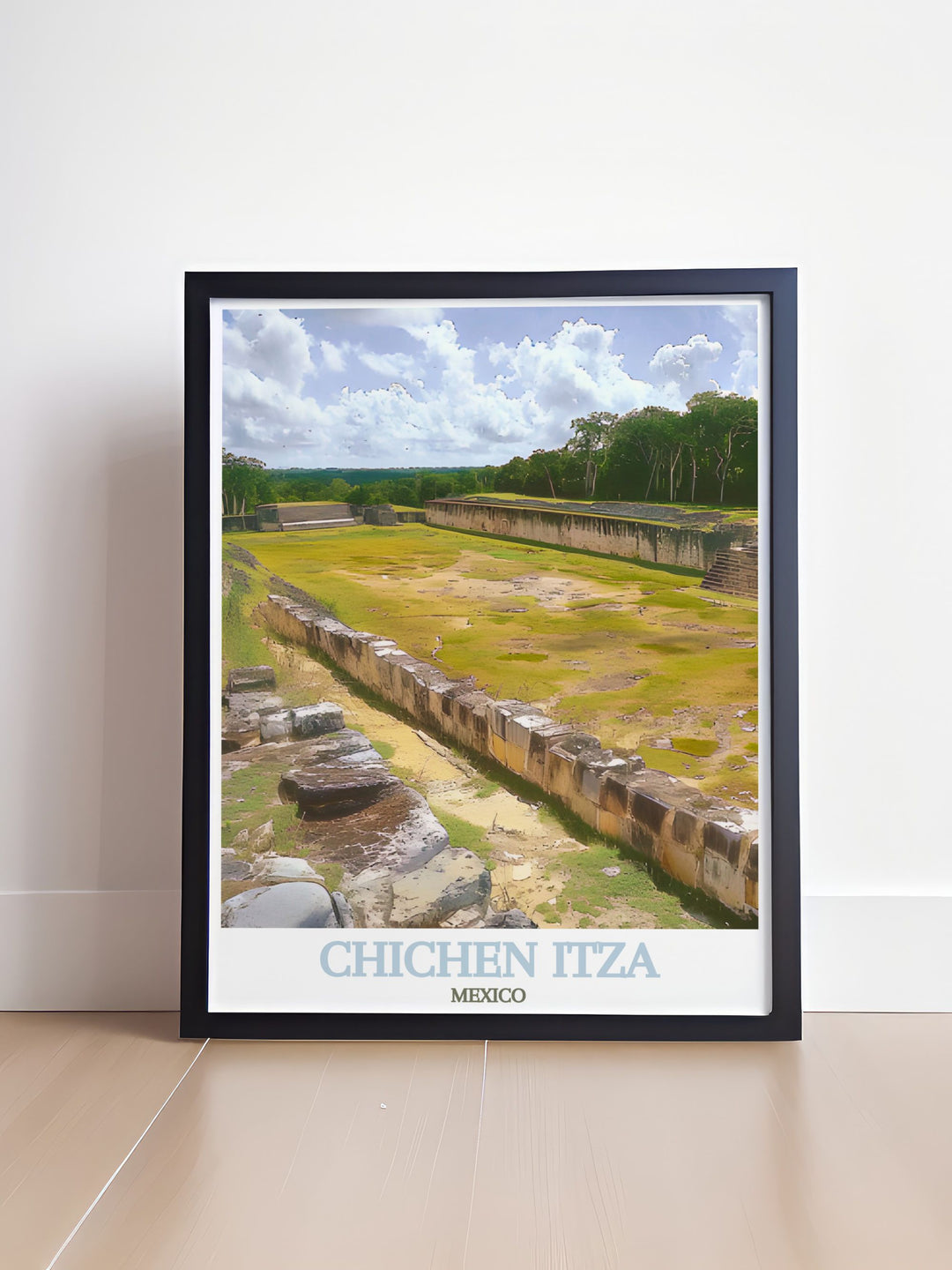 The ancient splendor of Chichen Itza is showcased in this travel print, highlighting the unique architecture and cultural significance of the site. This poster artfully depicts the grandeur of the Great Ball Court, offering a perfect addition to any wall.